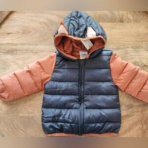 NWT Robeez Baby Puffer Jacket Size 12M Navy Orange Fox Ears Hooded Zip Up